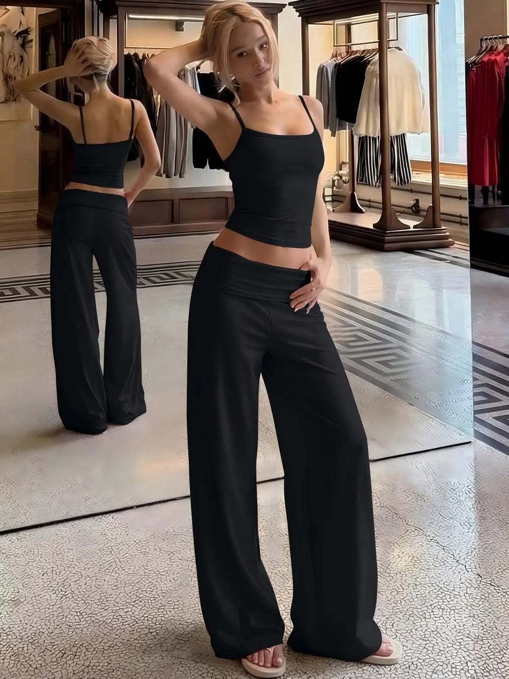 Hugcitar Fashion 2 Piece Sets Solid Slips Sexy Crop Camis Top Wide Leg Pants Summer Women Clothes Streetwear Sports Yoga