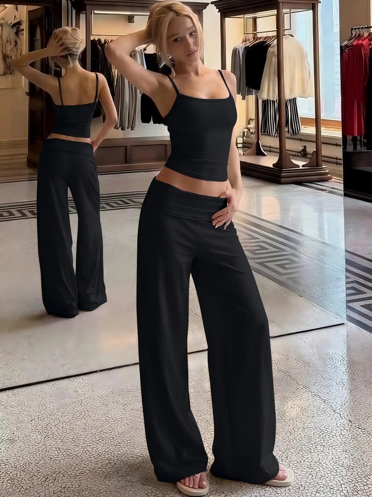 Hugcitar Fashion 2 Piece Sets Solid Slips Sexy Crop Camis Top Wide Leg Pants Summer Women Clothes Streetwear Sports Yoga